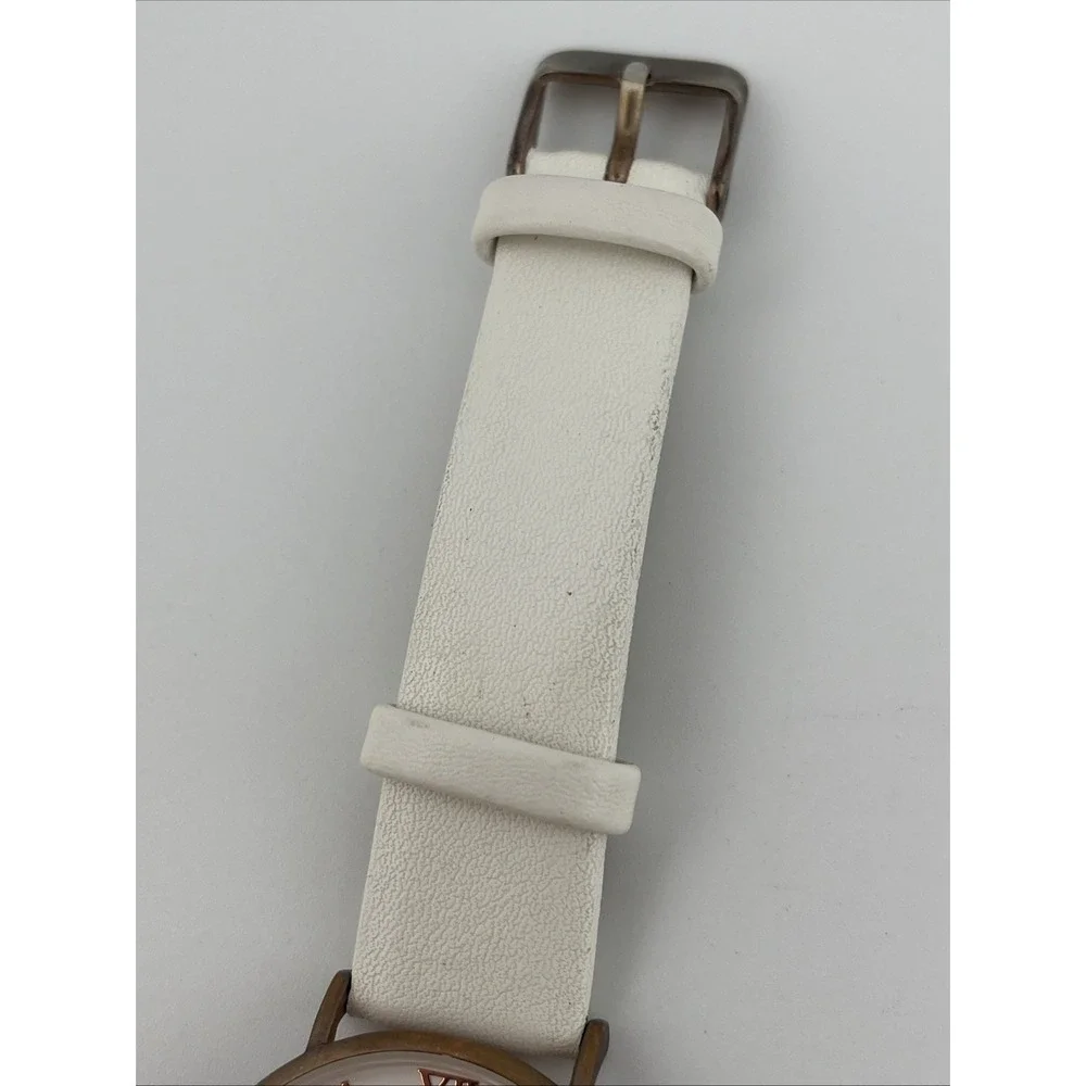 QRTZ Watch Women 36mm Brone Case White Faux Leather Band- New Battery